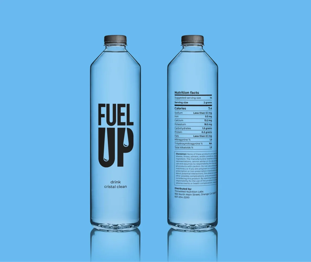 FuelUp wordmark on water bottles surrounded by ice