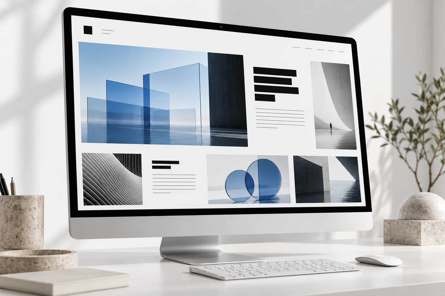 Conceptual desktop mockup for Interface Report, with blue translucent forms and editorial layout