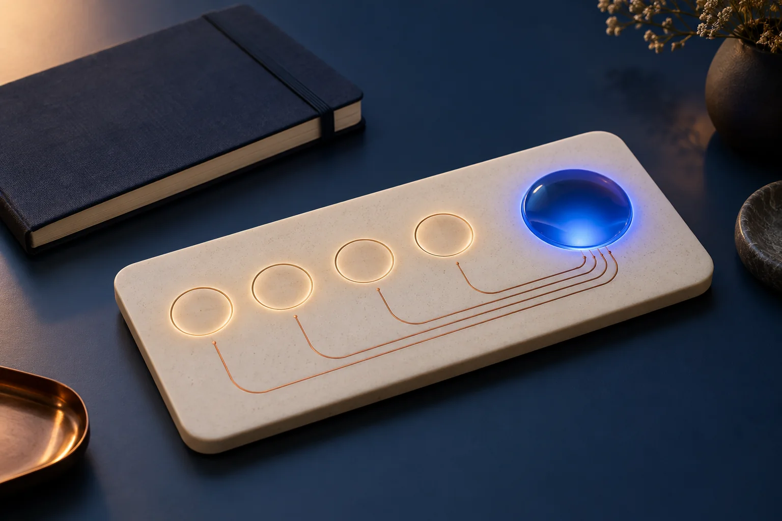 Conceptual tactile interface prototype with copper traces and a responsive blue light