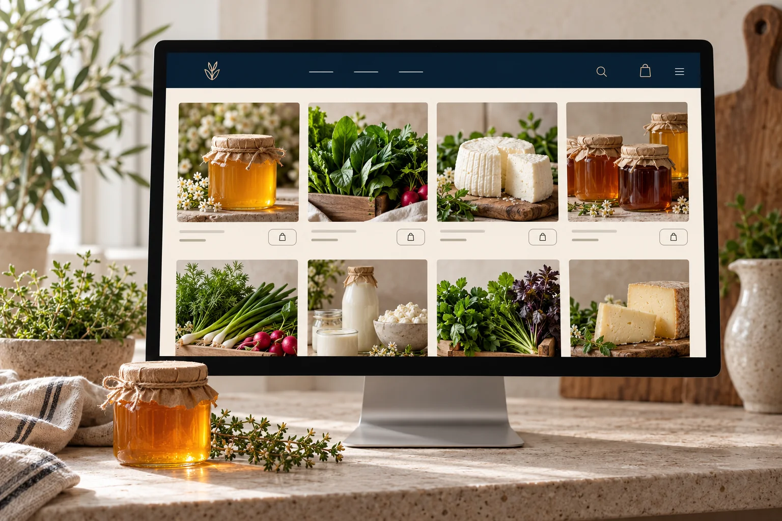 Conceptual desktop marketplace mockup with honey, vegetables and dairy products