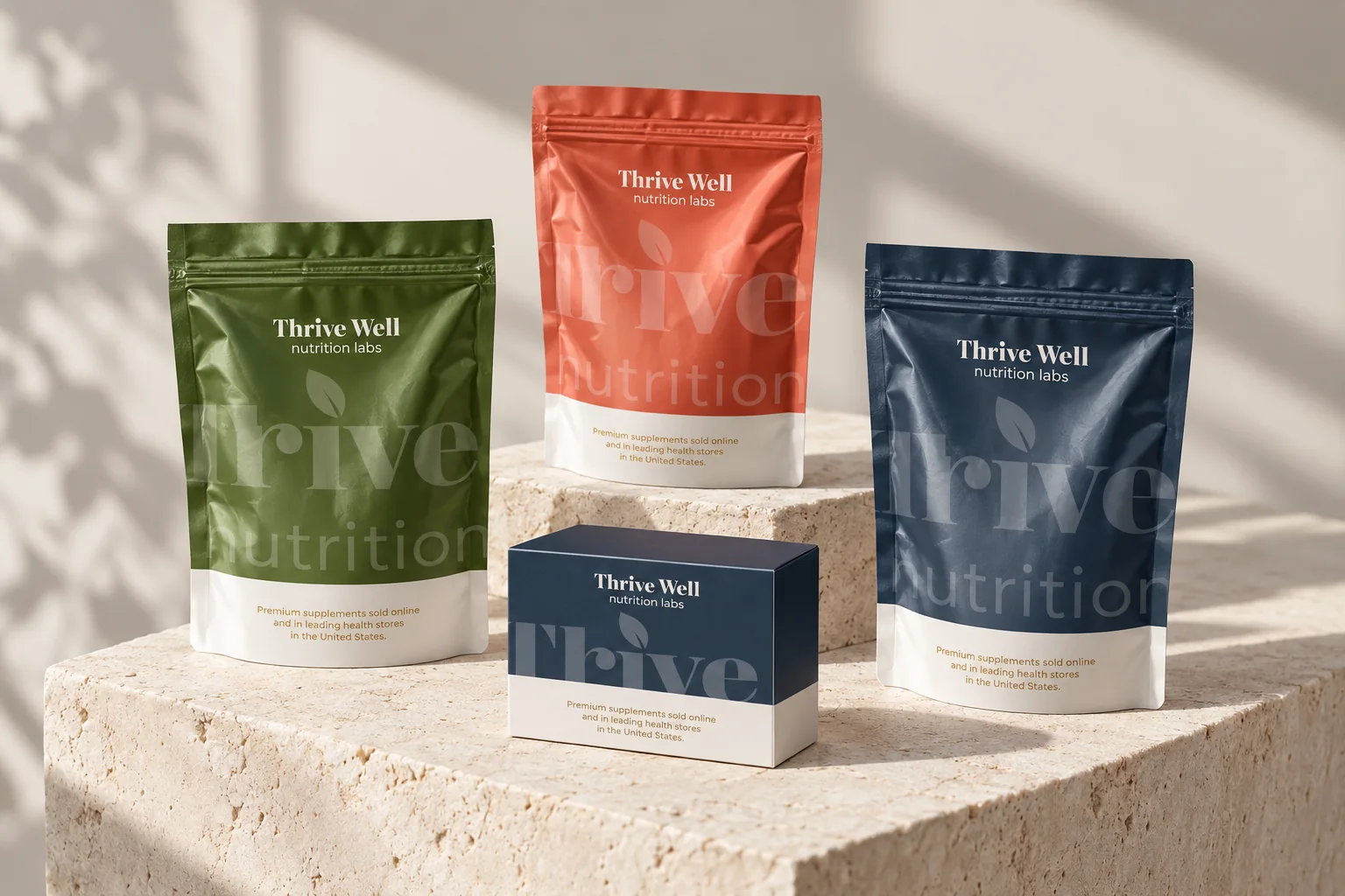 Thrive Well brand and nutrition packaging design mockup
